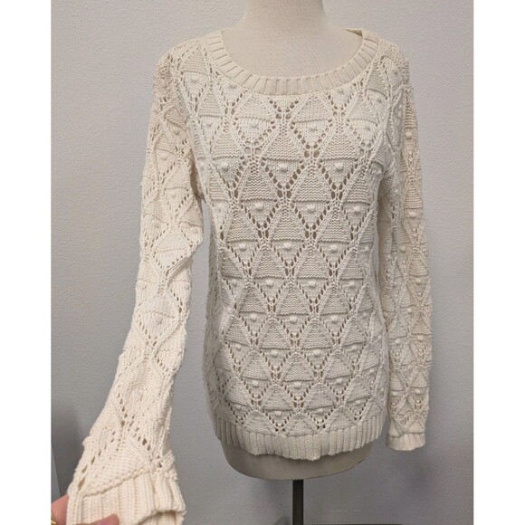 Tommy Hilfiger Ivory Diamond Open Knit Sweater sz M Pom Pom Preppy Classic - Picture 2 of 9